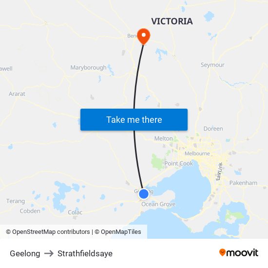 Geelong to Strathfieldsaye map