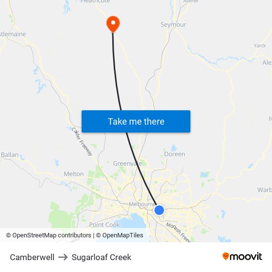 Camberwell to Sugarloaf Creek map