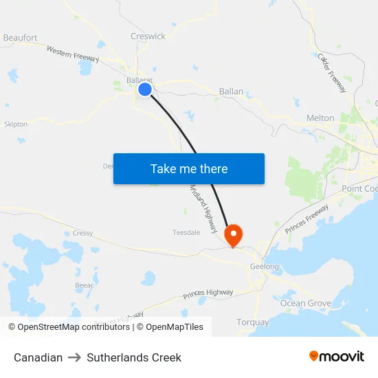 Canadian to Sutherlands Creek map