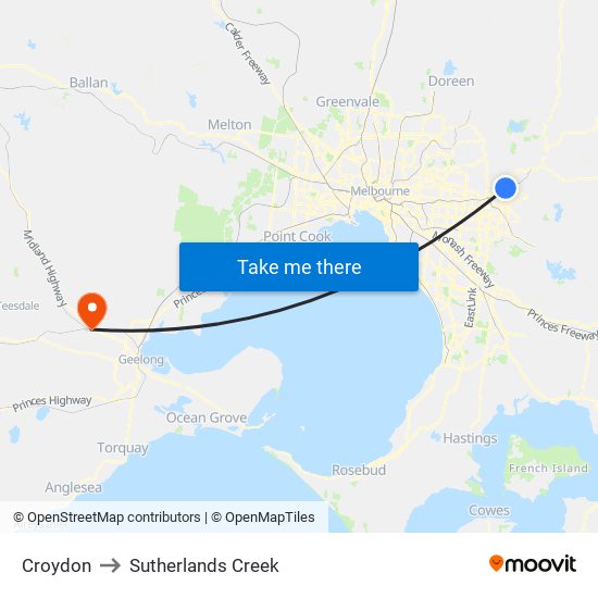 Croydon to Sutherlands Creek map