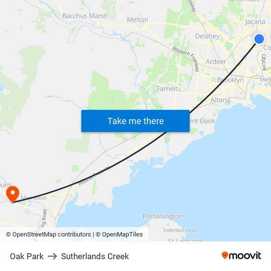 Oak Park to Sutherlands Creek map