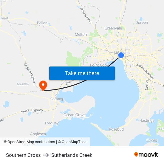 Southern Cross to Sutherlands Creek map