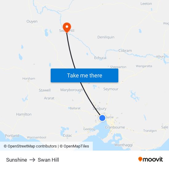 Sunshine to Swan Hill map