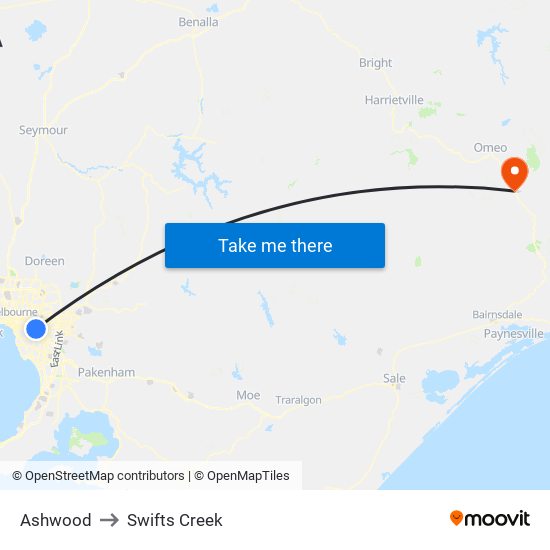 Ashwood to Swifts Creek map