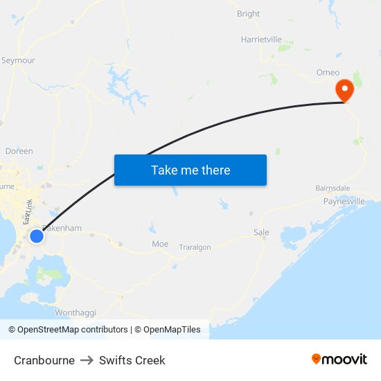 Cranbourne to Swifts Creek map