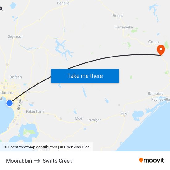 Moorabbin to Swifts Creek map