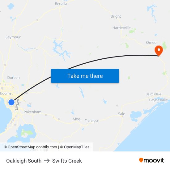 Oakleigh South to Swifts Creek map