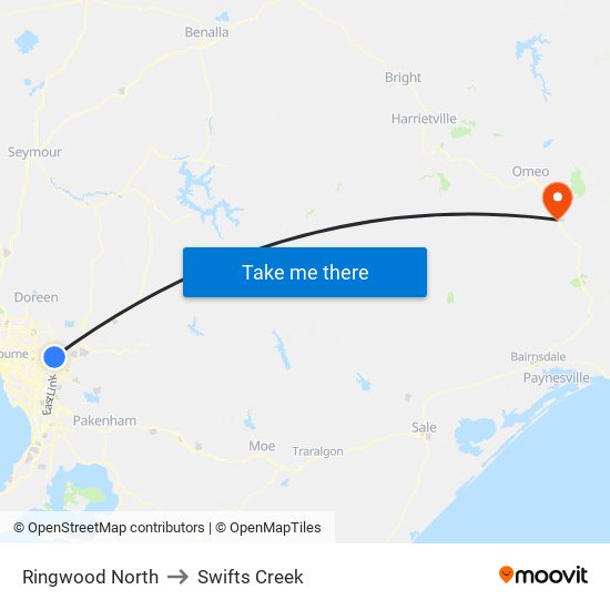 Ringwood North to Swifts Creek map