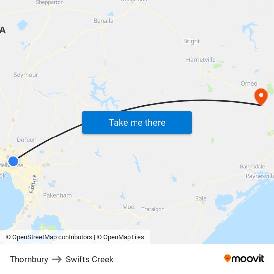 Thornbury to Swifts Creek map