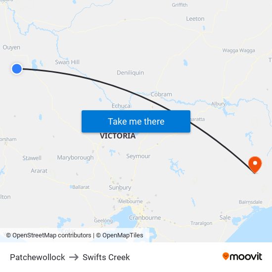 Patchewollock to Swifts Creek map