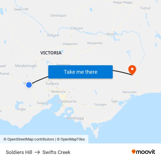 Soldiers Hill to Swifts Creek map