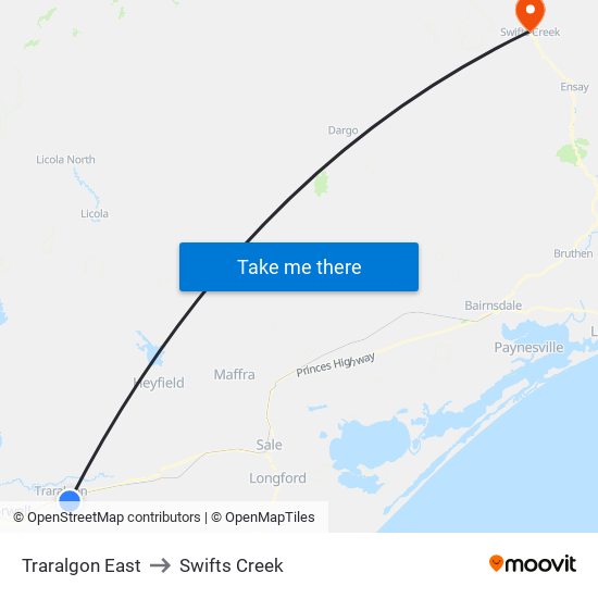 Traralgon East to Swifts Creek map