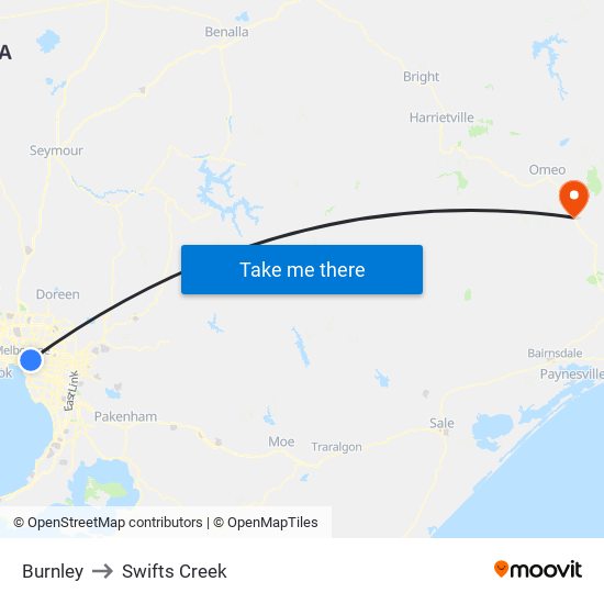 Burnley to Swifts Creek map