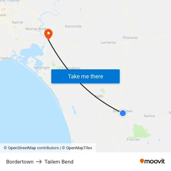 Bordertown to Tailem Bend map