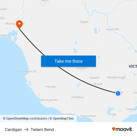 Cardigan to Tailem Bend map