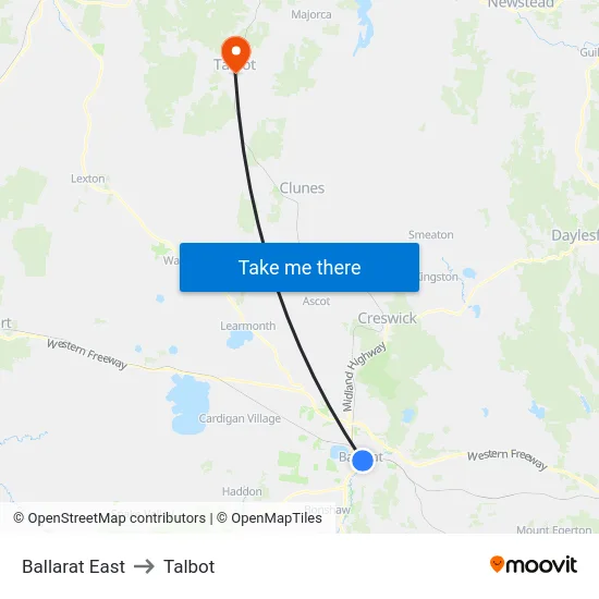 Ballarat East to Talbot map