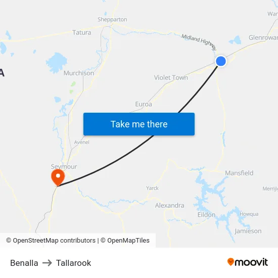 Benalla to Tallarook map