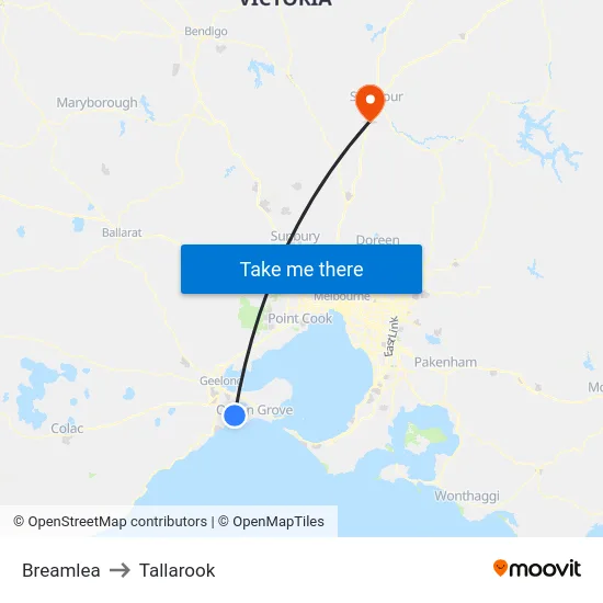 Breamlea to Tallarook map