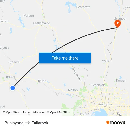 Buninyong to Tallarook map