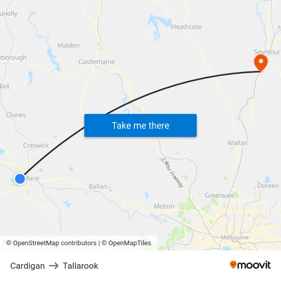 Cardigan to Tallarook map