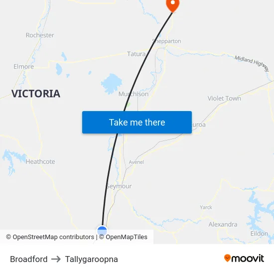 Broadford to Tallygaroopna map
