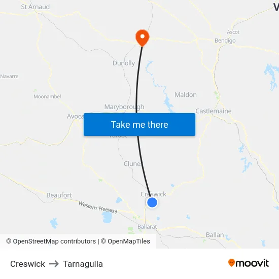Creswick to Tarnagulla map