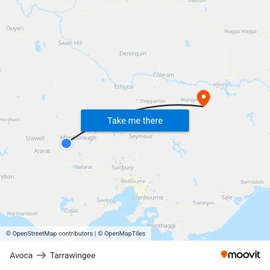 Avoca to Tarrawingee map