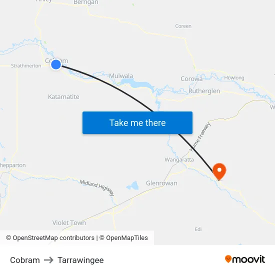 Cobram to Tarrawingee map