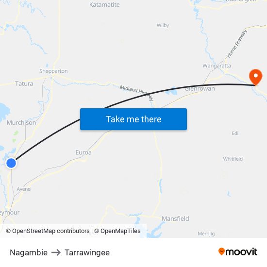 Nagambie to Tarrawingee map