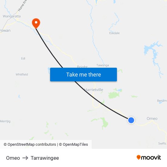 Omeo to Tarrawingee map