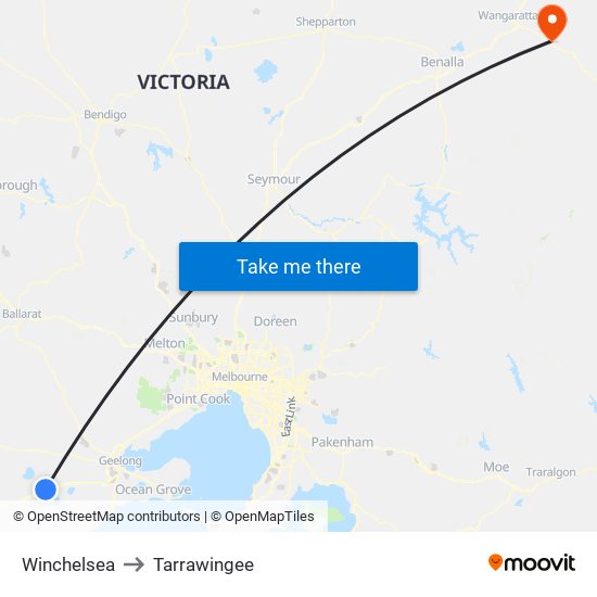 Winchelsea to Tarrawingee map