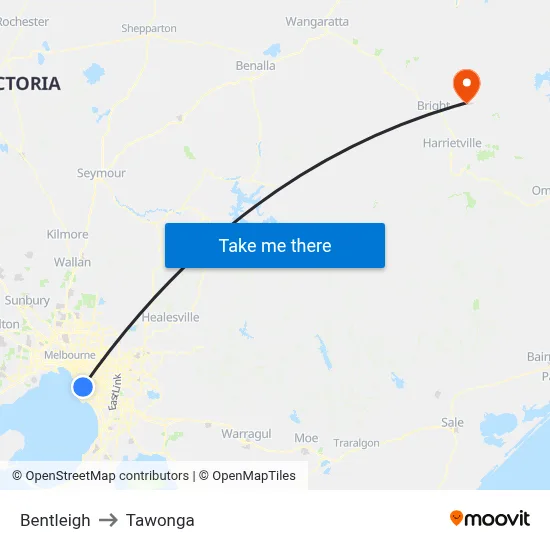 Bentleigh to Tawonga map