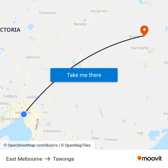 East Melbourne to Tawonga map