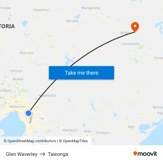 Glen Waverley to Tawonga map