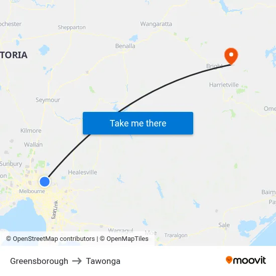 Greensborough to Tawonga map
