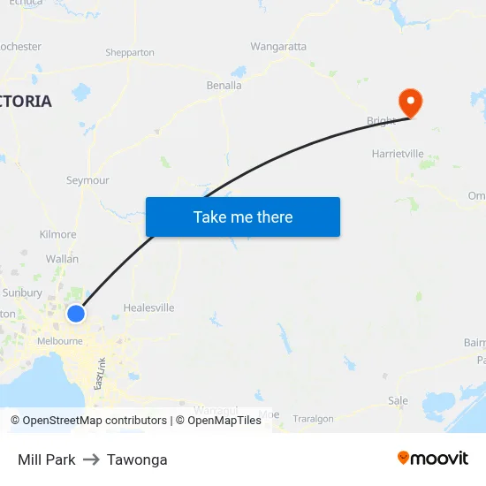 Mill Park to Tawonga map