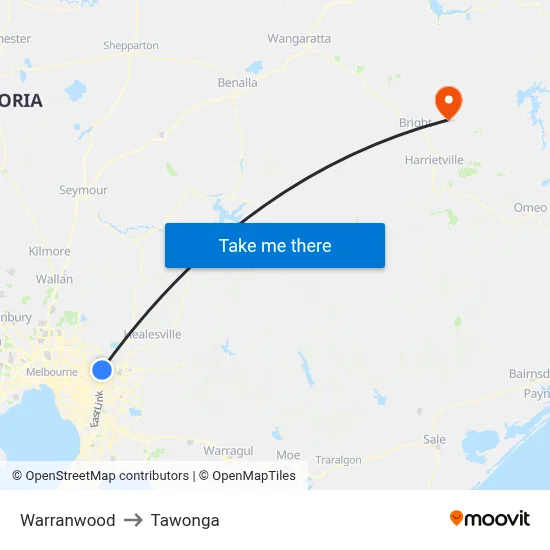 Warranwood to Tawonga map