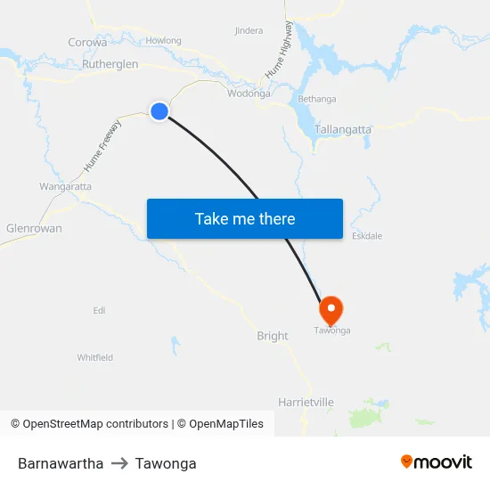 Barnawartha to Tawonga map