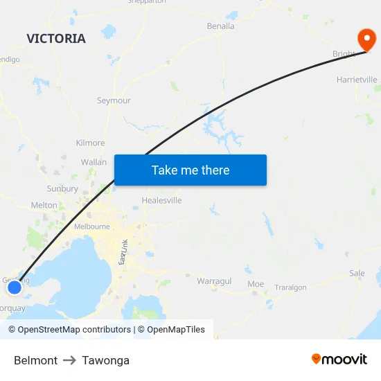 Belmont to Tawonga map