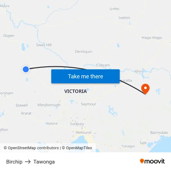 Birchip to Tawonga map