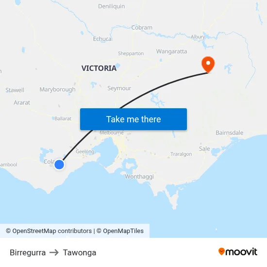 Birregurra to Tawonga map