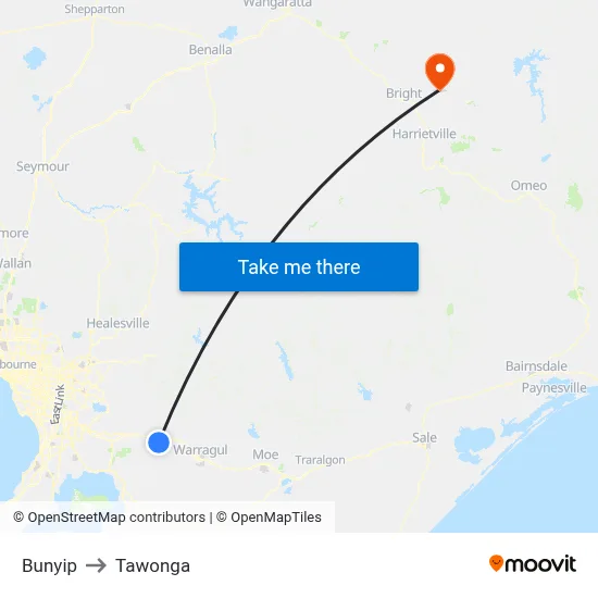 Bunyip to Tawonga map