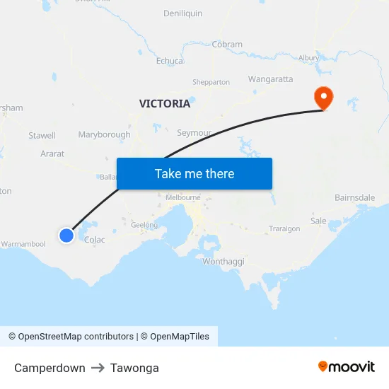 Camperdown to Tawonga map