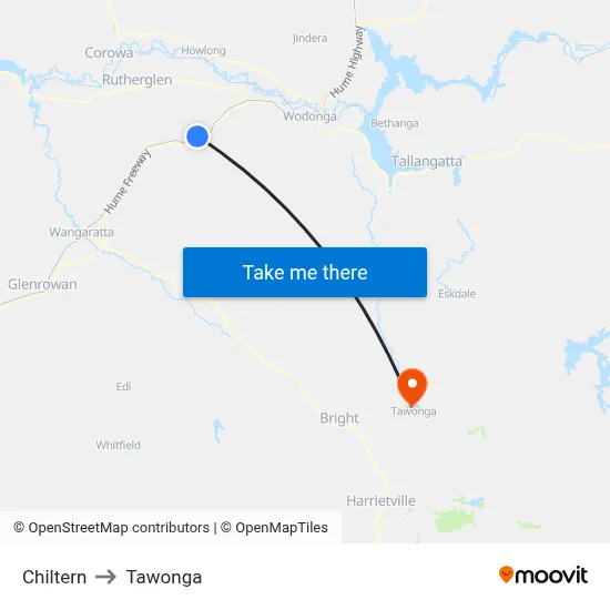Chiltern to Tawonga map