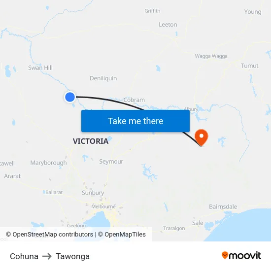 Cohuna to Tawonga map