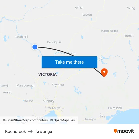 Koondrook to Tawonga map