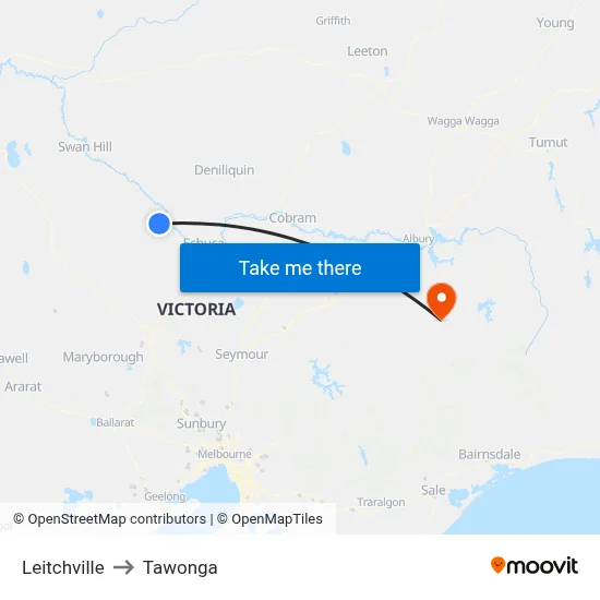 Leitchville to Tawonga map