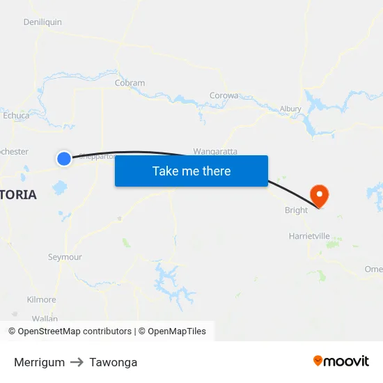 Merrigum to Tawonga map