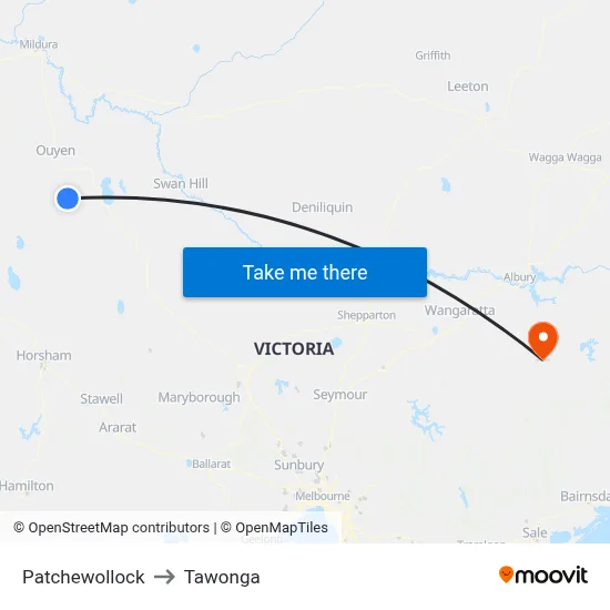 Patchewollock to Tawonga map