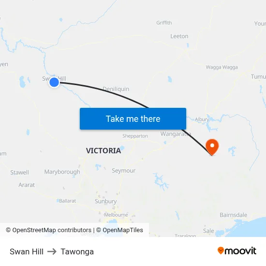 Swan Hill to Tawonga map